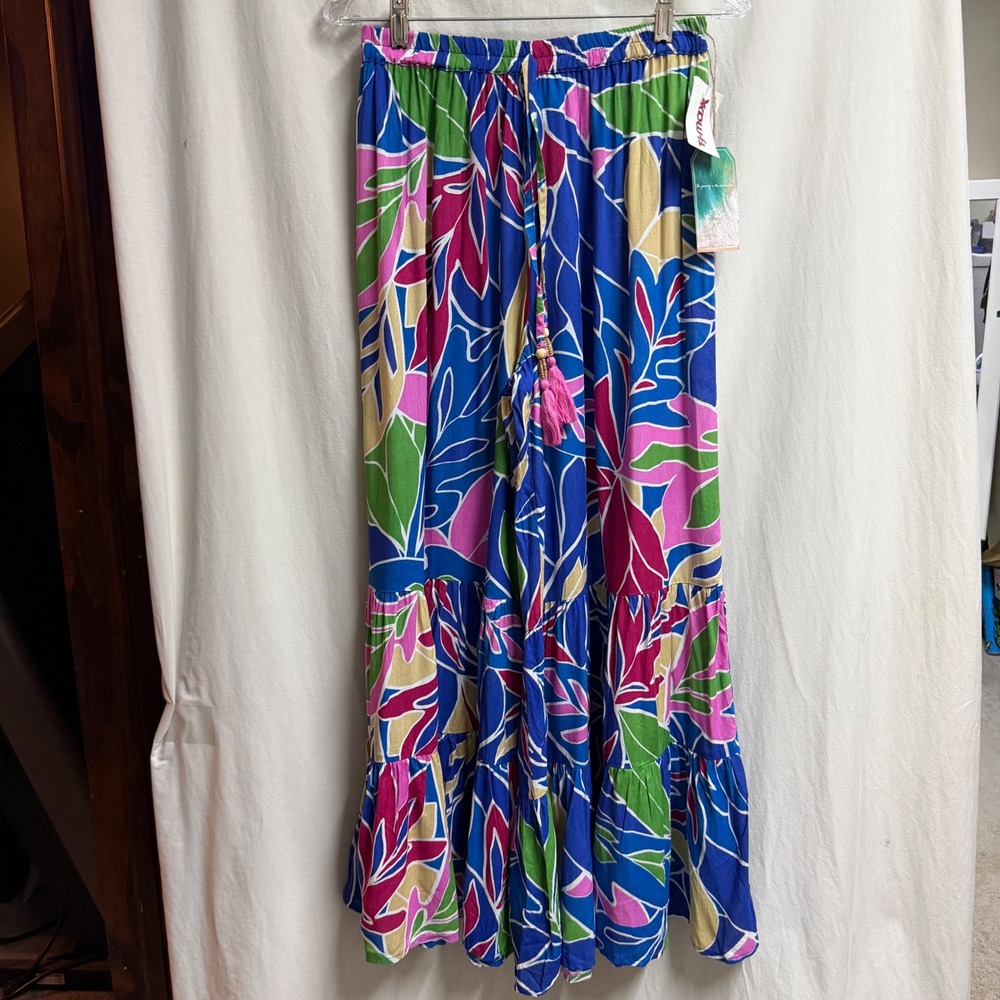 True Destination Tropical Floral Tiered Palazzo Pants Blue Pink NWT L Beach